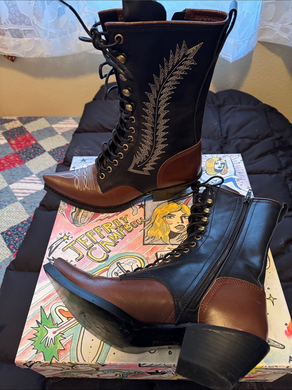 Jeffrey Campbell Women’s Two-Tone Black and Brown Lace-Up Western Boots